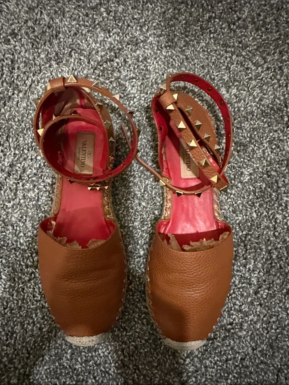 Valentino Tan Leather Studded Ankle-Tie Espadrilles with Red Insoles